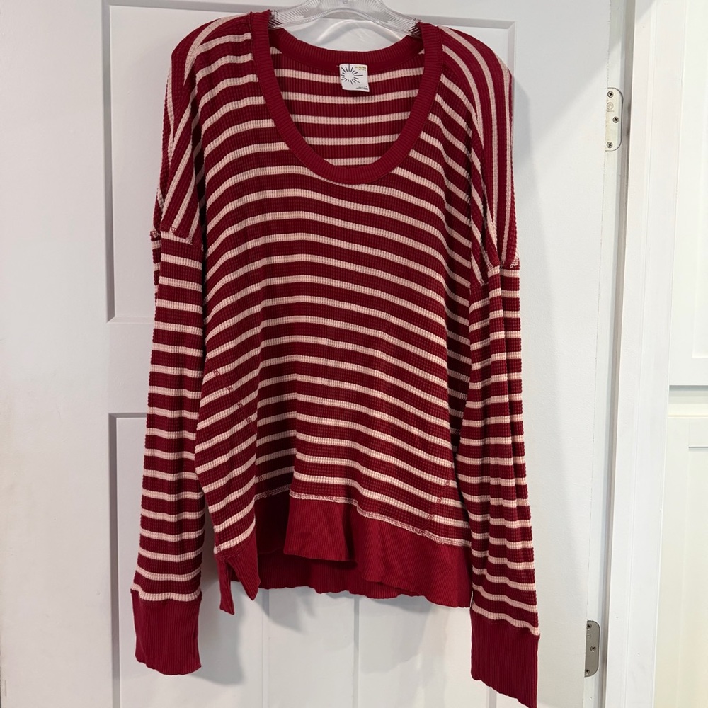 NWOT OFFLINE by Aerie Red & Pink Striped Long Sleeve Ribbed Tee